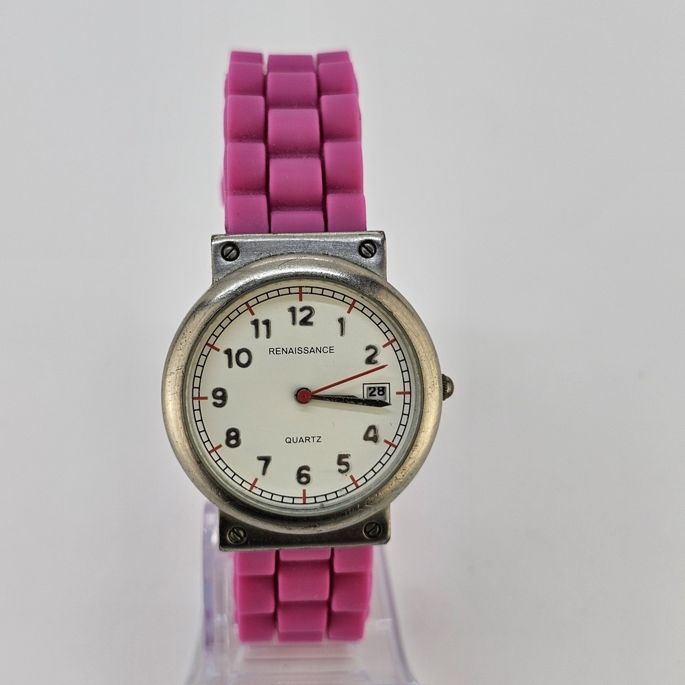 Women's Analog Watch 35MM White Dial Date NEW Pink Plastic Bands NEW Battery